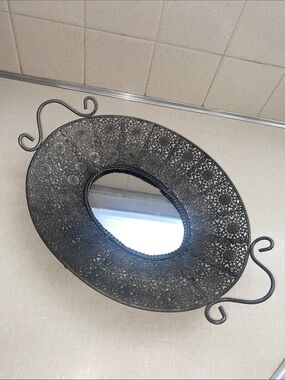 Domain vintage Silver color Filigree Mirrored Vanity Tray Hollywood Regency